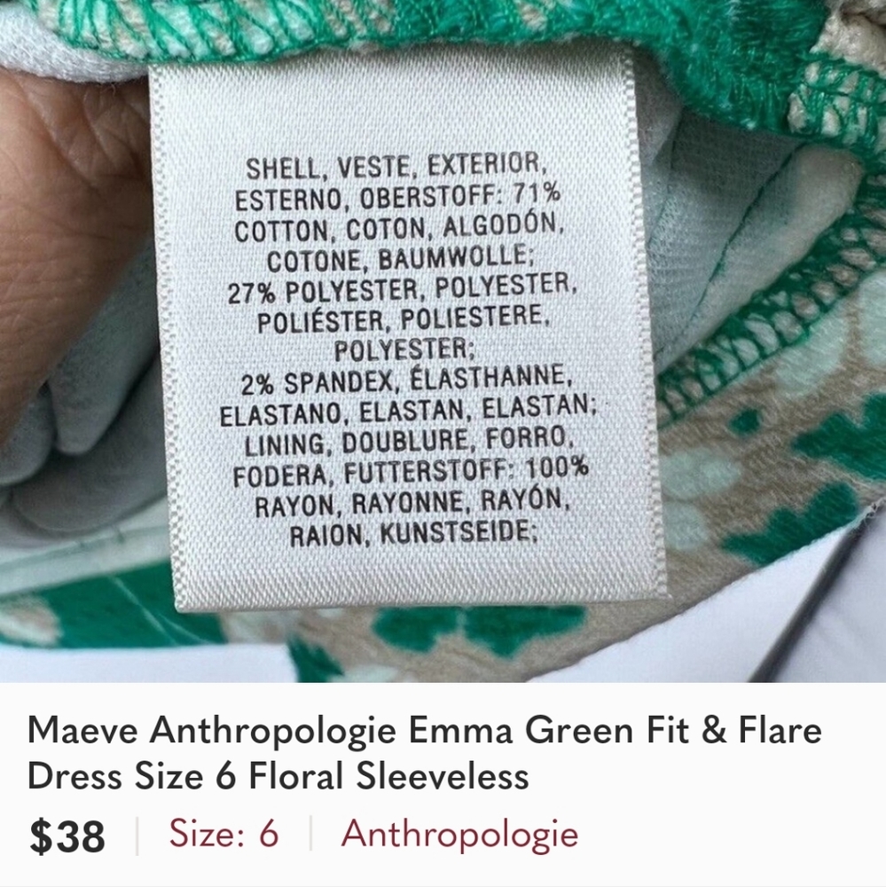 Maeve Anthropologie Emma Green Fit & Flare Dress Size 6 Floral Sleeveless - Picture 2 of 4